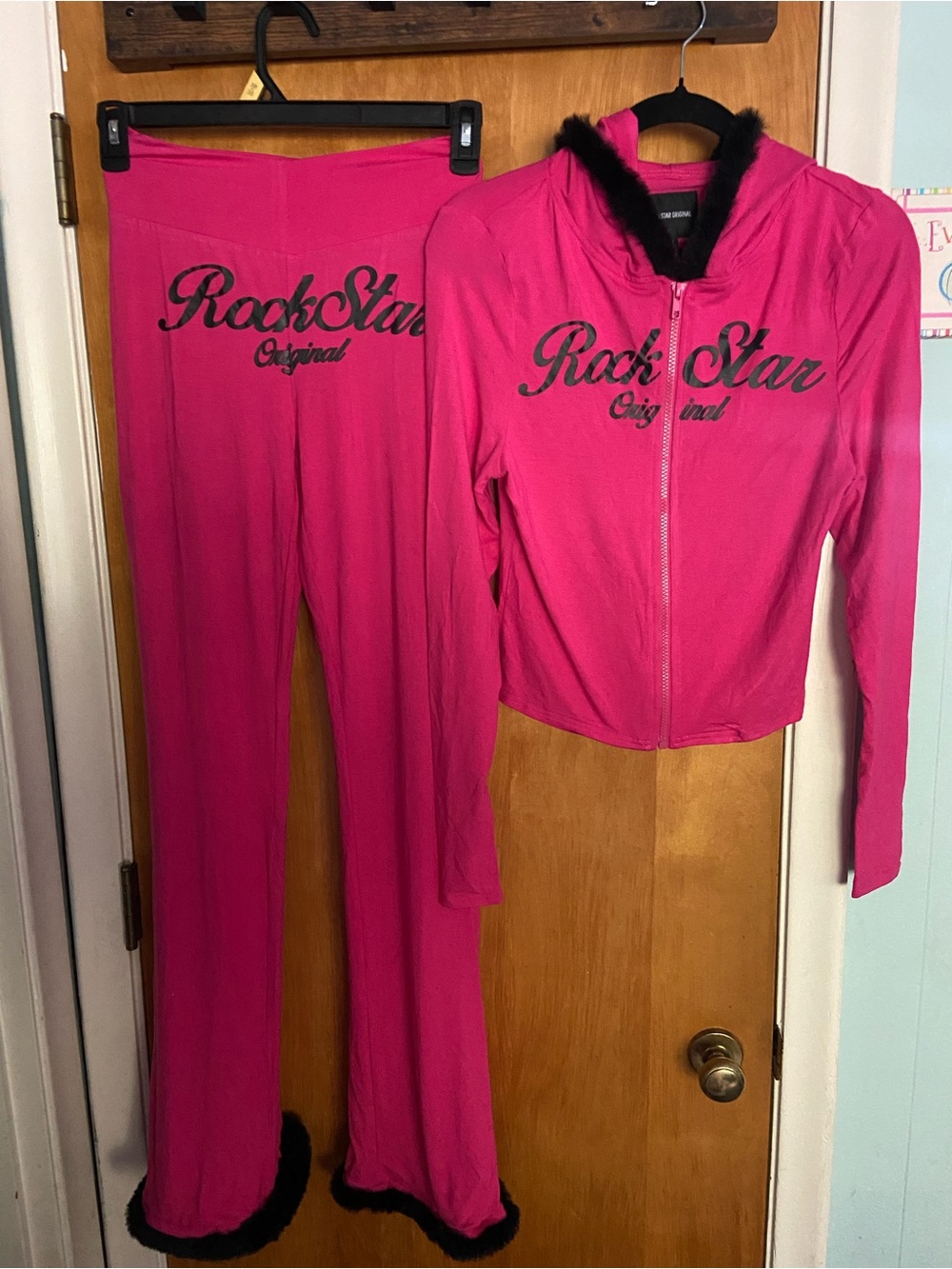 🩷🖤NWT RockStar Original Women's Fur-Trimmed Hot Pink Track Jacket & Flared Pants